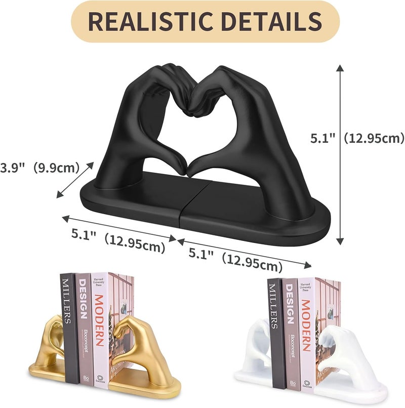 Kityemo Black Decorative Bookends for Shelves, Heart Hands Book Ends Sculpture Aesthetic Decor for Bedroom Living Room Merch Apartment Bookshelf Birthday Women Decorations Stuff Aesthetic - Image 2